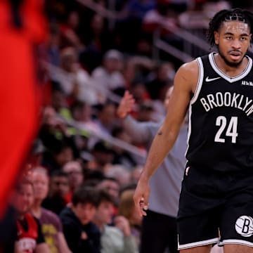 Oct 27, 2025; Houston, Texas, USA; Brooklyn Nets guard Cam Thomas (24) handles the ball against the Houston Rockets during the third quarter at Toyota Center. Mandatory Credit: Erik Williams-Imagn Images
