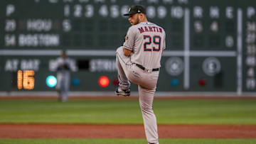 May 18, 2019; Boston, MA, USA; Houston Astros starting pitcher Corbin Martin (29) throws a pitch during the first inning against the Boston Red Sox at Fenway Park.