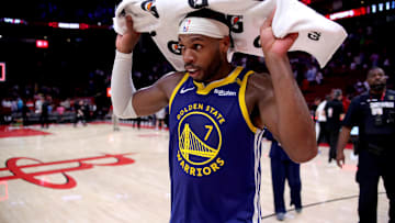 Nov 2, 2024; Houston, Texas, USA; Golden State Warriors guard Buddy Hield (7) leaves the court following the game against the Houston Rockets at Toyota Center. Mandatory Credit: Erik Williams-Imagn Images
