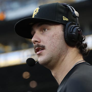 Pittsburgh Pirates pitcher Paul Skenes (30) is interviewed during the game broadcast against the Miami Marlins in the second inning at PNC Park. 