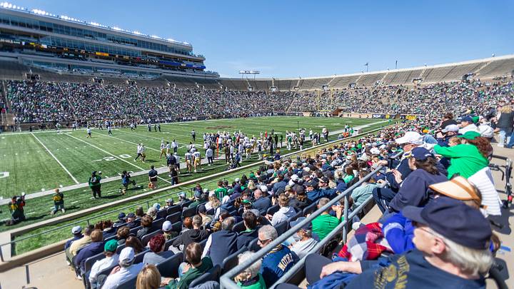 Apr 12, 2025; Notre Dame, IN, USA; Fans sit in the lower bowl during the Blue-Gold game at Notre Dame Stadium. Mandatory Credit: Michael Caterina-Imagn Images
