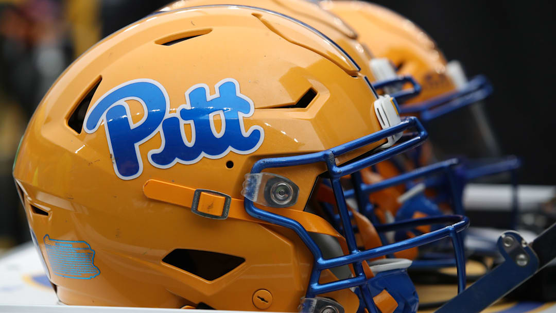 Sep 6, 2025; Pittsburgh, Pennsylvania, USA;  Pittsburgh Panthers helmets on the sidelines against the Central Michigan Chippewas during the first quarter at Acrisure Stadium. Mandatory Credit: Charles LeClaire-Imagn Images