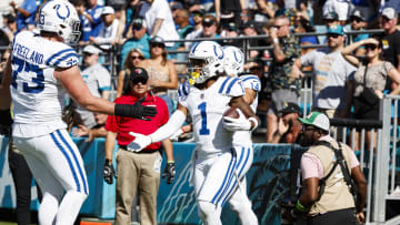 Oct 15, 2023; Jacksonville, Florida, USA; Indianapolis Colts wide receiver Josh Downs (1) and tackle