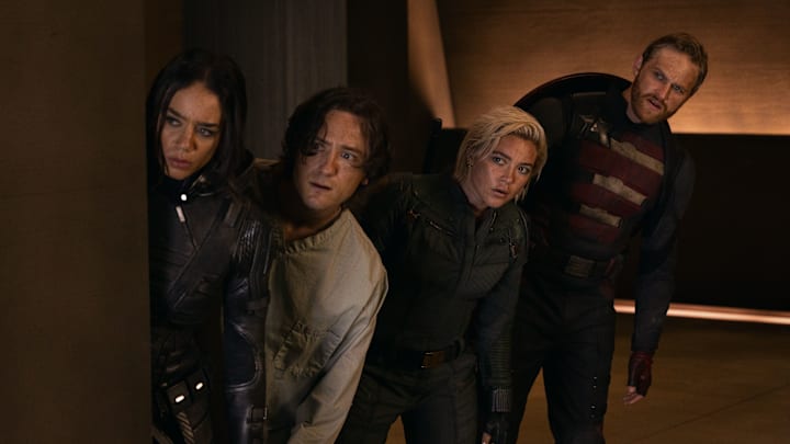 (L-R) Ghost (Hannah John-Kamen), Bob (Lewis Pullman), Yelena Belova (Florence Pugh) and John Walker (Wyatt Russell) in Marvel Studios' THUNDERBOLTS*. Photo by Chuck Zlotnick. © 2025 MARVEL. All Rights Reserved.