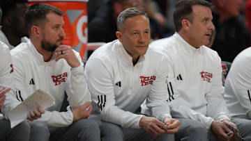 Feb 12, 2025; Lubbock, Texas, USA;  Texas Tech Red Raiders head coach Grant McCasland on the bench.  Mandatory Credit: Michael C. Johnson-Imagn Images