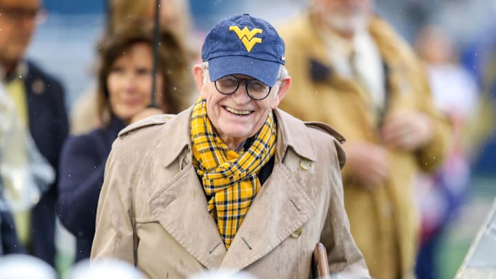 Nov 12, 2022; Morgantown, West Virginia, USA; West Virginia University president Gordon Gee smiles during halftime against the Oklahoma Sooners at Mountaineer Field at Milan Puskar Stadium. Mandatory Credit: Ben Queen-Imagn Images