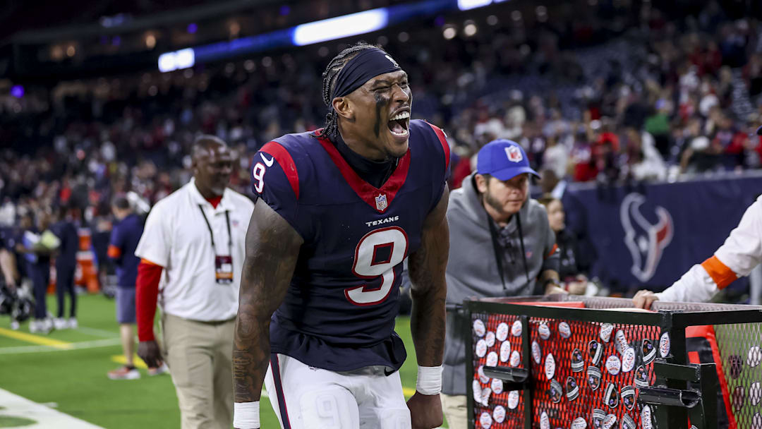Jan 13, 2024; Houston, Texas, USA; Houston Texans tight end Brevin Jordan (9) celebrates their win against the Cleveland Browns in a 2024 AFC wild card game at NRG Stadium. Mandatory Credit: Troy Taormina-Imagn Images