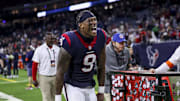 Jan 13, 2024; Houston, Texas, USA; Houston Texans tight end Brevin Jordan (9) celebrates their win against the Cleveland Browns in a 2024 AFC wild card game at NRG Stadium. Mandatory Credit: Troy Taormina-Imagn Images