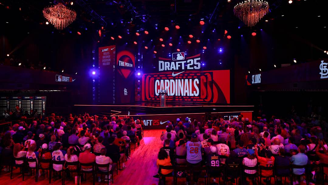 Jul 13, 2025; Atlanta, GA, USA; MLB Commissioner Rob Manfred announces the pick for the St. Louis Cardinals during the MLB Draft at The Coca-Cola Roxy. Mandatory Credit: Brett Davis-Imagn Images