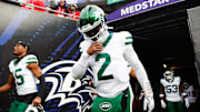 Nov 23, 2025; Baltimore, Maryland, USA; New York Jets quarterback Tyrod Taylor (2) takes the field before the game against the Baltimore Ravens at M&T Bank Stadium. Mandatory Credit: Peter Casey-Imagn Images