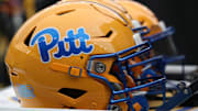 Sep 6, 2025; Pittsburgh, Pennsylvania, USA;  Pittsburgh Panthers helmets on the sidelines against the Central Michigan Chippewas during the first quarter at Acrisure Stadium. Mandatory Credit: Charles LeClaire-Imagn Images