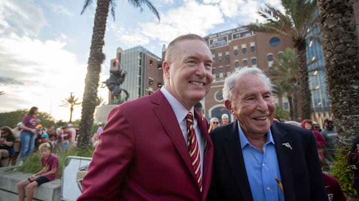 Florida State University Athletic Director Michael Alford greets Lee Corso, former Florida State quarterback who recently retired from College GameDay, ahead of the FSU game against Miami on Saturday, Oct. 4, 2025.