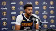 Sep 29, 2025; Denver, CO, USA; Denver Nuggets player Cam Johnson (23) address the media during media day at Ball Arena. Mandatory Credit: Isaiah J. Downing-Imagn Images