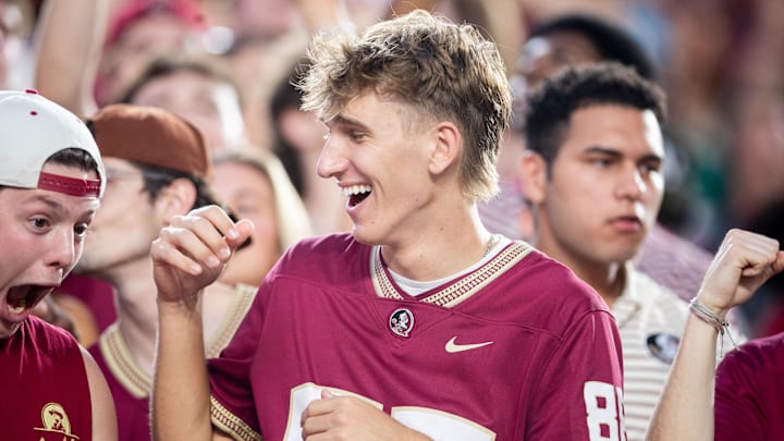 Florida State Seminole fans cheer on the football team as they play the Miami Hurricanes on Saturday, Oct. 4, 2025.