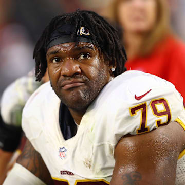 Dec 4, 2016; Glendale, AZ, USA; Washington Redskins offensive tackle Ty Nsekhe (79) against the Arizona Cardinals at University of Phoenix Stadium. The Cardinals defeated the Redskins 31-23. Mandatory Credit: Mark J. Rebilas-Imagn Images