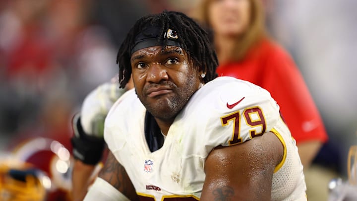 Dec 4, 2016; Glendale, AZ, USA; Washington Redskins offensive tackle Ty Nsekhe (79) against the Arizona Cardinals at University of Phoenix Stadium. The Cardinals defeated the Redskins 31-23. Mandatory Credit: Mark J. Rebilas-Imagn Images