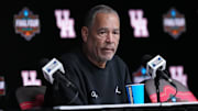 Houston head coach Kelvin Sampson talks to the media at the Alamodome. 