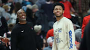 Apr 13, 2025; Portland, Oregon, USA;  Portland Trail Blazers guard Anfernee Simons (1) and Portland Trail Blazers head coach Chauncey Billups share a moment before the Trail Blazers play Los Angeles Lakers at Moda Center. Mandatory Credit: Jaime Valdez-Imagn Images