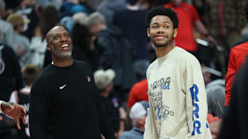 Apr 13, 2025; Portland, Oregon, USA;  Portland Trail Blazers guard Anfernee Simons (1) and Portland Trail Blazers head coach Chauncey Billups share a moment before the Trail Blazers play Los Angeles Lakers at Moda Center. Mandatory Credit: Jaime Valdez-Imagn Images