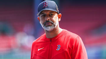  Boston Red Sox manager Alex Cora (13) reacts before playing the Minnesota Twins at Fenway Park.