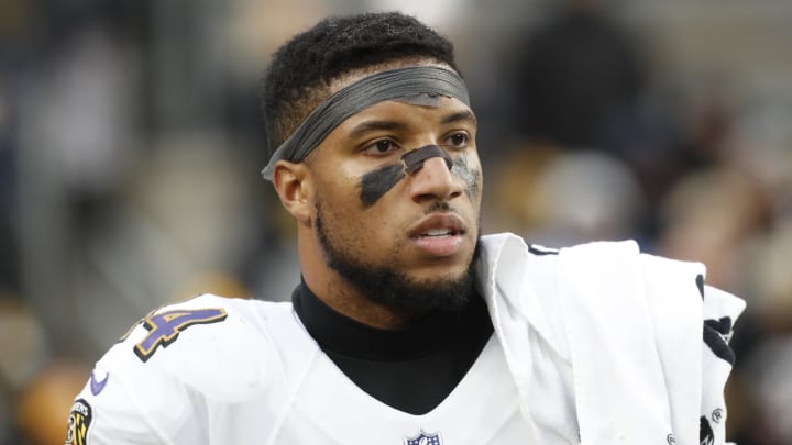 Dec 11, 2022; Pittsburgh, Pennsylvania, USA;  Baltimore Ravens cornerback Marlon Humphrey (44) looks on from the sidelines against the Pittsburgh Steelers during the fourth quarter at Acrisure Stadium. Baltimore won 16-14. Mandatory Credit: Charles LeClaire-USA TODAY Sports