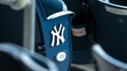 Jul 12, 2020; Bronx, New York, United States; A view of the  New York Yankees logo and seat number of an empty seat during a simulated game during summer camp workouts at Yankee Stadium. Mandatory Credit: Vincent Carchietta-USA TODAY Sports