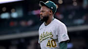 May 28, 2025; Houston, Texas, USA; Athletics starting pitcher Luis Severino (40) prior to the game against the Houston Astros at Daikin Park. Mandatory Credit: Erik Williams-Imagn Images
