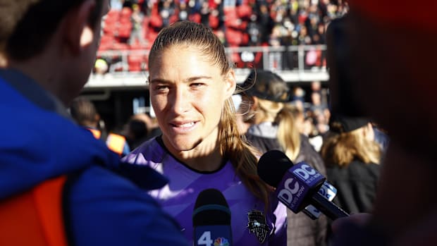 Washington Spirit goalkeeper Aubrey Kingsbury interviewed after defeating NJ/NY Gotham FC in a 2024 NWSL Playoffs semifinal m