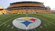 Nov 17, 2024; Pittsburgh, Pennsylvania, USA;  General view of the logo at mid-field before the Pittsburgh Steelers host the Baltimore Ravens at Acrisure Stadium. 