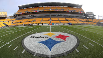 Nov 17, 2024; Pittsburgh, Pennsylvania, USA;  General view of the logo at mid-field before the Pittsburgh Steelers host the Baltimore Ravens at Acrisure Stadium. 
