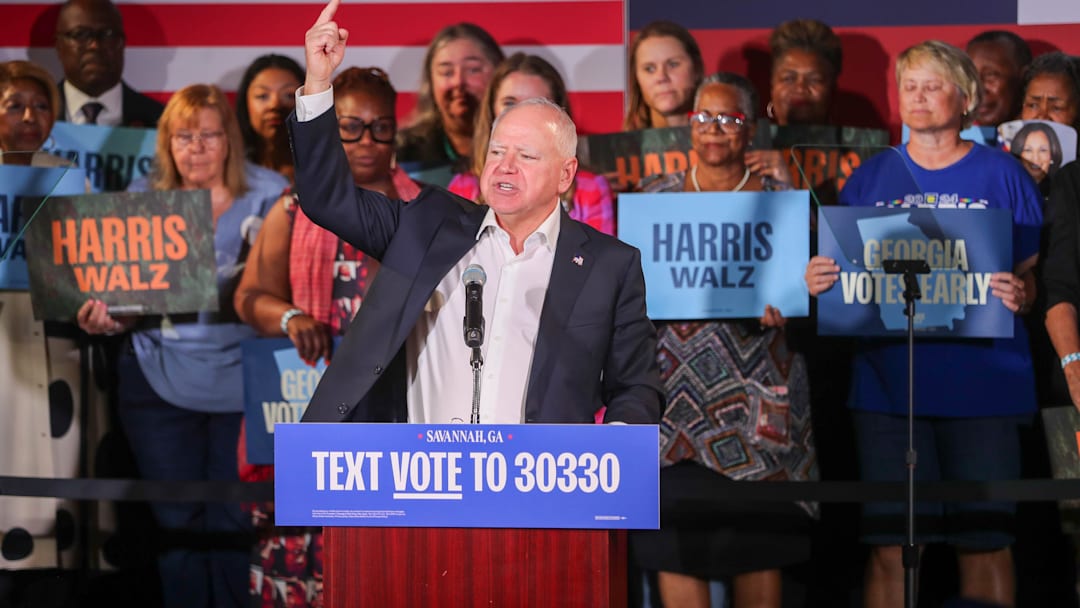 Tuesday, October 29, 2024; Savannah, Georgia; Minnesota Gov. and Democratic VP candidate Tim Walz speaks during a Harris/Walz Get out the Early Vote Campaign Rally on Tuesday, October 29, 2024 at Victory North in Savannah, Georgia.