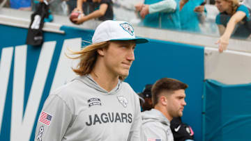 Nov 10, 2024; Jacksonville, Florida, USA; Jacksonville Jaguars quarterback Trevor Lawrence (16) walks out of the tunnel before the game against the Minnesota Vikings at EverBank Stadium.