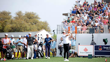 Mar 30, 2025; Houston, Texas, USA; Rory McIlroy of Northern Ireland hits a tee shot at the first hole during the final round of the Texas Children's Houston Open golf tournament. Mandatory Credit: Erik Williams-Imagn Images