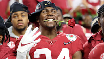 Jan 1, 2021; Arlington, TX, USA; Alabama Crimson Tide linebacker Quandarrius Robinson (34) celebrates the victory against the Notre Dame Fighting Irish in the Rose Bowl at AT&T Stadium. 