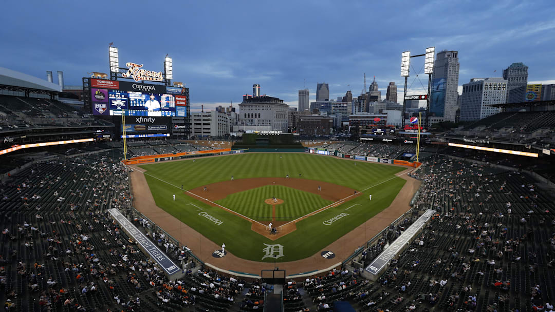 Jun 8, 2021; Detroit, Michigan, USA; A wide shot from high up behind home plate as Seattle Mariners starting pitcher Marco Gonzales (7) pitches to Detroit Tigers designated hitter Willi Castro (9) during the third inning at Comerica Park.