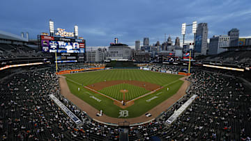 Jun 8, 2021; Detroit, Michigan, USA; A wide shot from high up behind home plate as Seattle Mariners starting pitcher Marco Gonzales (7) pitches to Detroit Tigers designated hitter Willi Castro (9) during the third inning at Comerica Park.