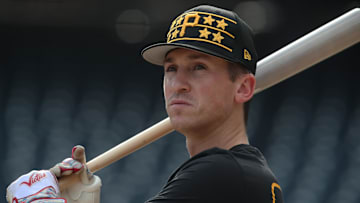 Sep 2, 2025; Pittsburgh, Pennsylvania, USA;  Pittsburgh Pirates shortstop Cam Devanney (34) at the batting cage before the game against the Los Angeles Dodgers at PNC Park. Mandatory Credit: Charles LeClaire-Imagn Images