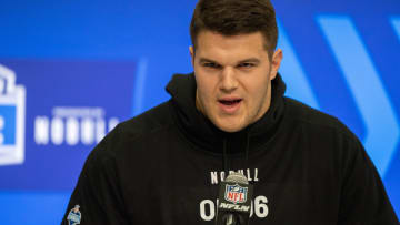 Mar 2, 2024; Indianapolis, IN, USA; Duke offensive lineman Graham Barton (OL06) talks to the media during the 2024 NFL Combine at Lucas Oil Stadium. Mandatory Credit: Trevor Ruszkowski-USA TODAY Sports