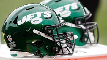 Oct 2, 2022; Pittsburgh, Pennsylvania, USA;  New York Jets helmets on the sidelines against the Pittsburgh Steelers during the second quarter at Acrisure Stadium. Mandatory Credit: Charles LeClaire-Imagn Images
