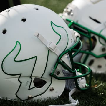 Oct 19, 2019; Annapolis, MD, USA; Helmets of the South Florida Bulls are seen on the sidelines during the first half of the game against the Navy Midshipmen at Navy-Marine Corps Memorial Stadium. Mandatory Credit: Scott Taetsch-USA TODAY Sports
