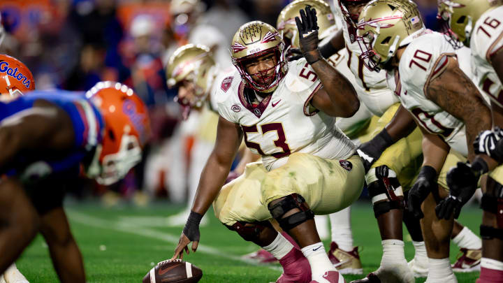 Florida State Seminoles offensive lineman Maurice Smith (53) gestures during the second half against the Florida Gators at Steve Spurrier Field at Ben Hill Griffin Stadium in Gainesville, FL on Saturday, November 25, 2023. [Matt Pendleton/Gainesville Sun]