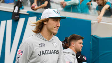 Nov 10, 2024; Jacksonville, Florida, USA; Jacksonville Jaguars quarterback Trevor Lawrence (16) walks out of the tunnel before the game against the Minnesota Vikings at EverBank Stadium. Mandatory Credit: Morgan Tencza-Imagn Images