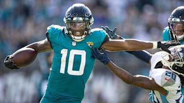 Oct 10, 2021; Jacksonville, Florida, USA; Jacksonville Jaguars wide receiver Laviska Shenault Jr. (10) runs with the ball during the second half against the Tennessee Titans at TIAA Bank Field. Mandatory Credit: Matt Pendleton-Imagn Images