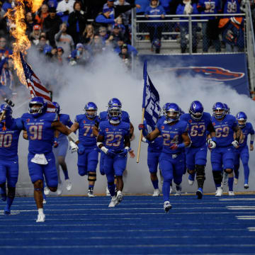 Nov 24, 2023; Boise, Idaho, USA;  Boise State Broncos take to the field prior to the first half against the Air Force Falcons at Albertsons Stadium. Mandatory Credit: Brian Losness-USA TODAY Sports
