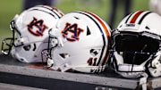 Oct 2, 2021; Baton Rouge, Louisiana, USA; Auburn Tigers helmets sits on a crate during a game against LSU Tigers at Tiger Stadium. Mandatory Credit: Stephen Lew-Imagn Images
