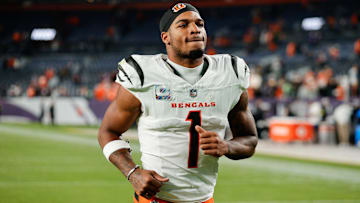 Sep 29, 2025; Denver, Colorado, USA; Cincinnati Bengals wide receiver Ja'Marr Chase (1) looks on after the game against the Denver Broncos at Empower Field at Mile High. Mandatory Credit: Isaiah J. Downing-Imagn Images