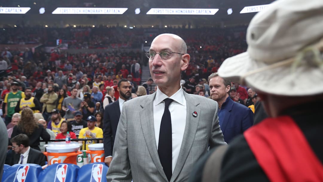 Oct 18, 2018; Portland, OR, USA;  NBA commissioner Adam Silver enters Moda Center to watch Los Angeles Lakers play Portland Trail Blazers. Mandatory Credit: Jaime Valdez-Imagn Images