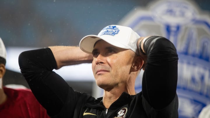 Florida State Seminoles head coach Mike Norvell takes a second to soak in the moment. The Florida State Seminoles defeated the Louisville Cardinals 16-6 to claim the ACC Championship title in Charlotte, North Carolina on Saturday, Dec. 2, 2023.