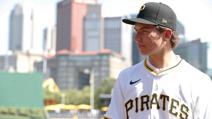 Jul 22, 2025; Pittsburgh, Pennsylvania, USA;  The Pittsburgh Pirates first round and number six overall pick in the 2025 first year player draft Seth Hernandez looks on before the game against the Detroit Tigers at PNC Park. Mandatory Credit: Charles LeClaire-Imagn Images