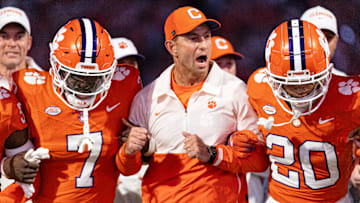 Head coach Dabo Swinney of the Clemson Tigers takes part in the Walk of Champions before the game against the Louisville Cardinals at Memorial Stadium on November 2, 2024 in Clemson, South Carolina.